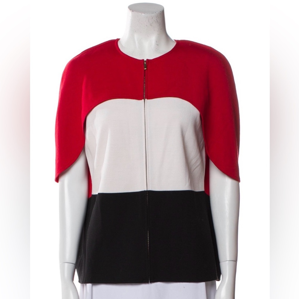 ST JOHN KNIT RED WHITE BLACK  KNIT Colorblock Cape Jacket - Size P (Small) - Picture 3 of 14